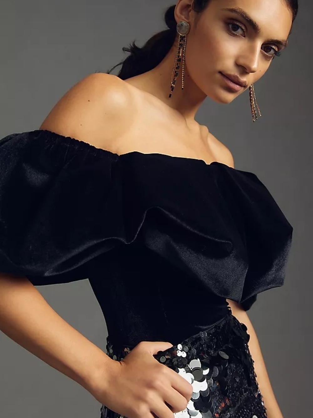 Anthropologie Black Off-Shoulder Velvet Blouse